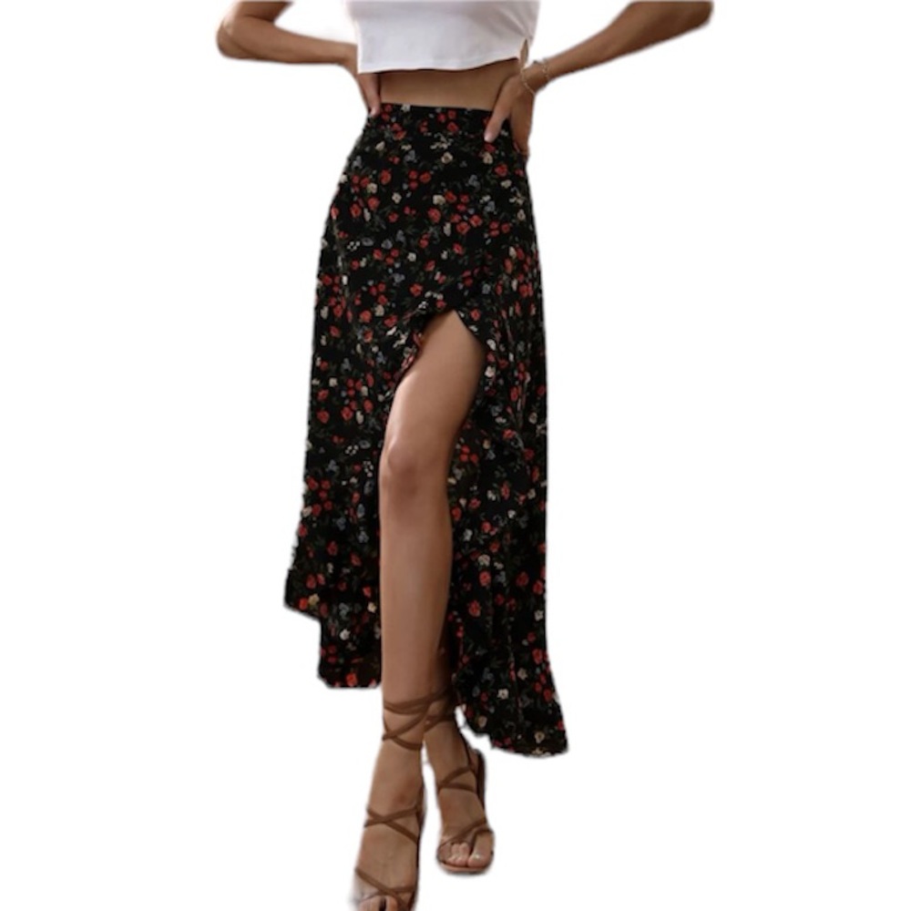 Ditsy Floral Print Ruffle Trim Asymmetrical Hem Skirt - Picture 2 of 7